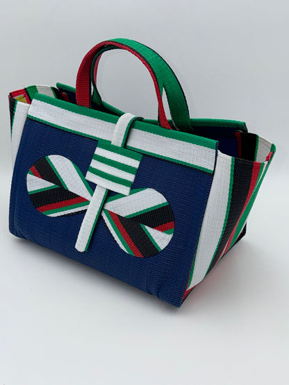 Berry Large handwoven tote bag by SCRUBIES in Blue,White,Green,Red,Black with Solid design and Bow accent pattern