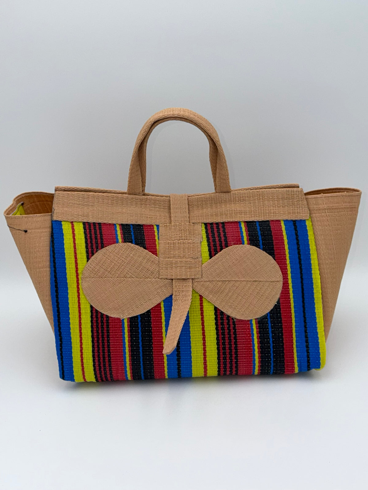 Africana Large handwoven tote bag by SCRUBIES in Beige,Blue,Yellow,Red,Black with Stripes design and Bow accent pattern