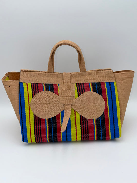 Africana Large handwoven tote bag by SCRUBIES in Beige,Blue,Yellow,Red,Black with Stripes design and Bow accent pattern
