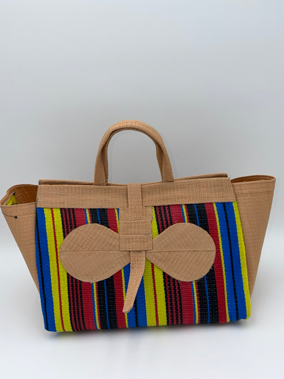 Africana Large handwoven tote bag by SCRUBIES in Beige,Blue,Yellow,Red,Black with Stripes design and Bow accent pattern