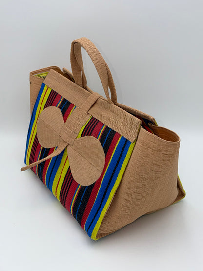 Africana Large handwoven tote bag by SCRUBIES in Beige,Blue,Yellow,Red,Black with Stripes design and Bow accent pattern