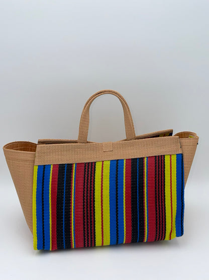 Africana Large handwoven tote bag by SCRUBIES in Beige,Blue,Yellow,Red,Black with Stripes design and Bow accent pattern