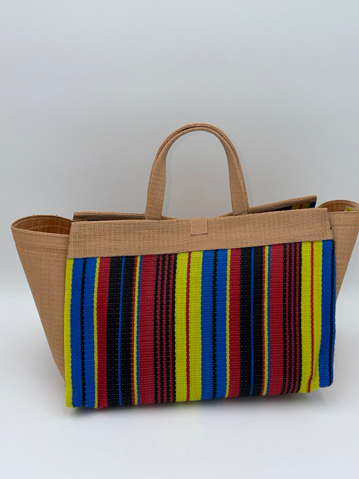 Africana Large handwoven tote bag by SCRUBIES in Beige,Blue,Yellow,Red,Black with Stripes design and Bow accent pattern