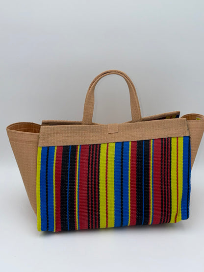 Africana Large handwoven tote bag by SCRUBIES in Beige,Blue,Yellow,Red,Black with Stripes design and Bow accent pattern