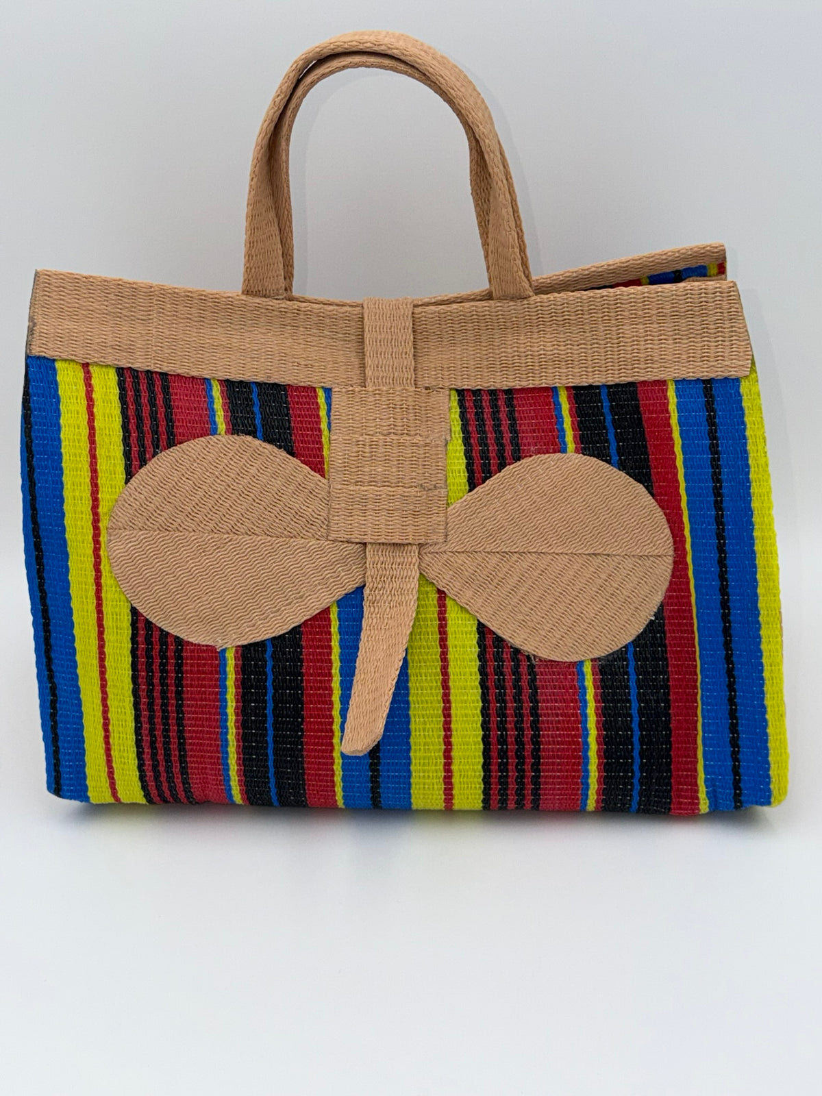 Africana Large handwoven tote bag by SCRUBIES in Beige,Blue,Yellow,Red,Black with Stripes design and Bow accent pattern