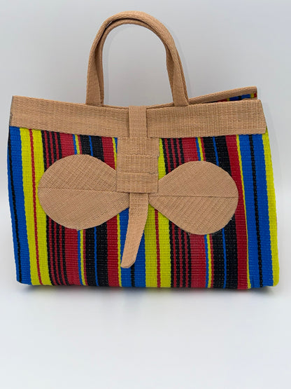 Africana Large handwoven tote bag by SCRUBIES in Beige,Blue,Yellow,Red,Black with Stripes design and Bow accent pattern