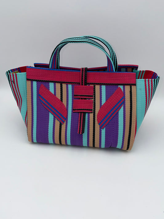 Candy Large handwoven tote bag by SCRUBIES in Pink,Purple,Beige,Teal, with Stripes design and Leaf accent pattern