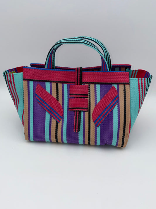 Candy Large handwoven tote bag by SCRUBIES in Pink,Purple,Beige,Teal, with Stripes design and Leaf accent pattern