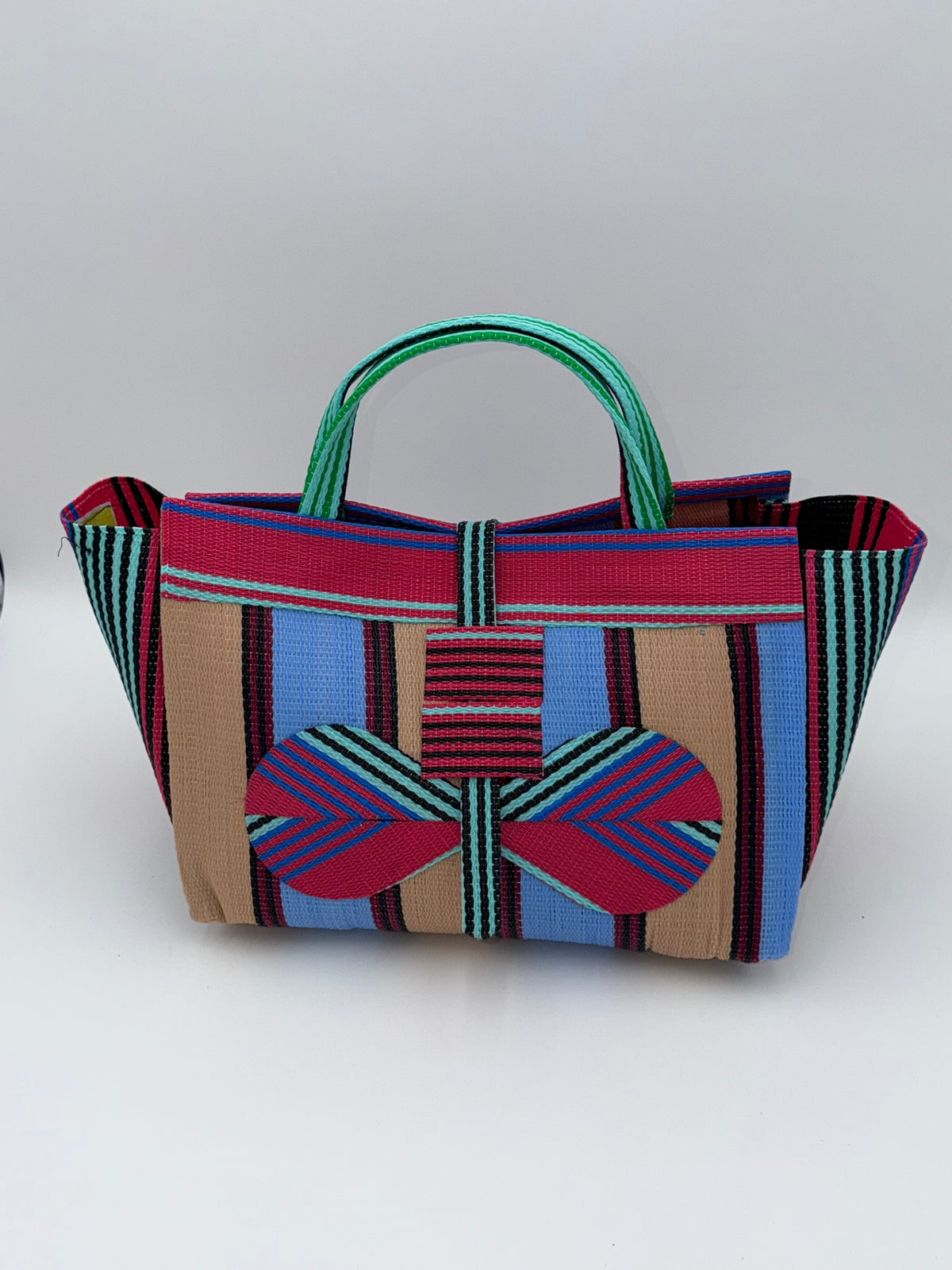 Candy Large handwoven tote bag by SCRUBIES in Pink,Teal,Beige,Blue with Stripes design and Bow accent pattern