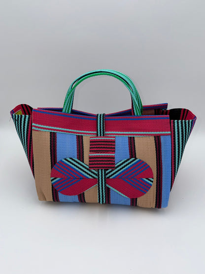 Candy Large handwoven tote bag by SCRUBIES in Pink,Teal,Beige,Blue with Stripes design and Bow accent pattern