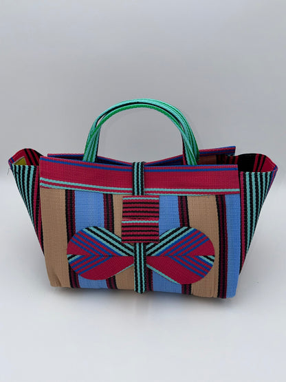 Candy Large handwoven tote bag by SCRUBIES in Pink,Teal,Beige,Blue with Stripes design and Bow accent pattern