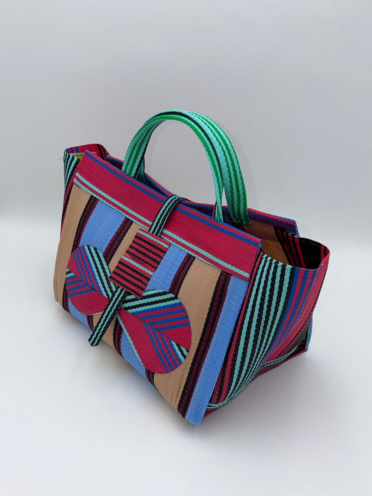 Candy Large handwoven tote bag by SCRUBIES in Pink,Teal,Beige,Blue with Stripes design and Bow accent pattern