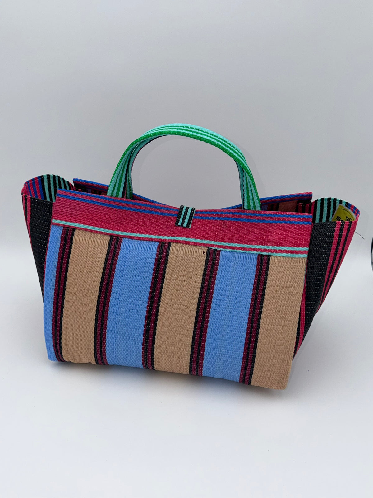 Candy Large handwoven tote bag by SCRUBIES in Pink,Teal,Beige,Blue with Stripes design and Bow accent pattern