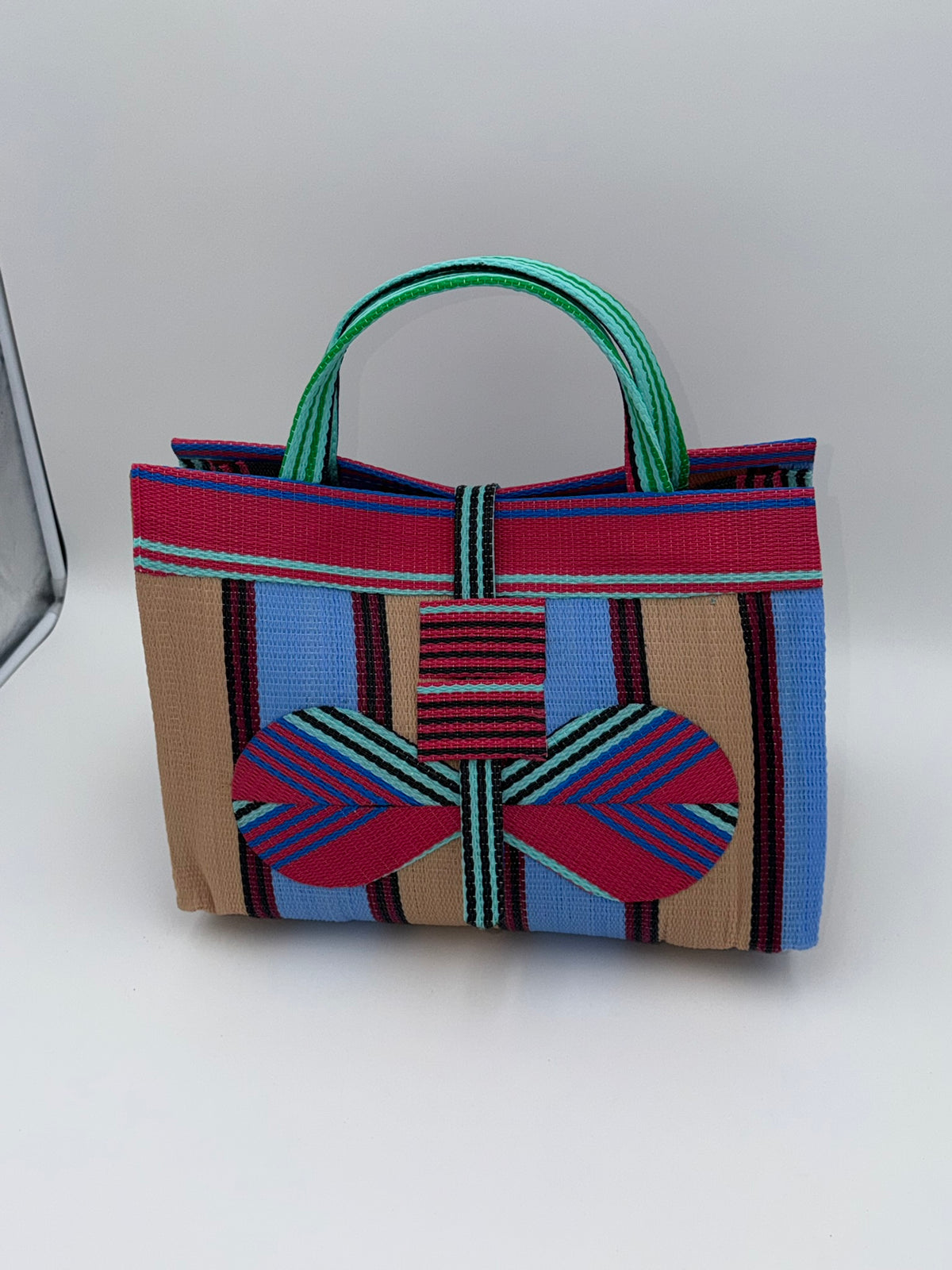 Candy Large handwoven tote bag by SCRUBIES in Pink,Teal,Beige,Blue with Stripes design and Bow accent pattern