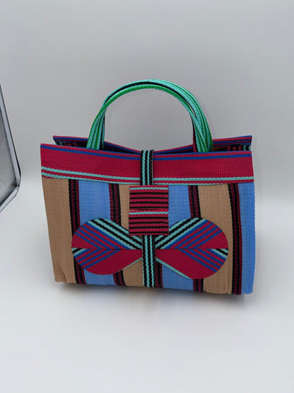 Candy Large handwoven tote bag by SCRUBIES in Pink,Teal,Beige,Blue with Stripes design and Bow accent pattern