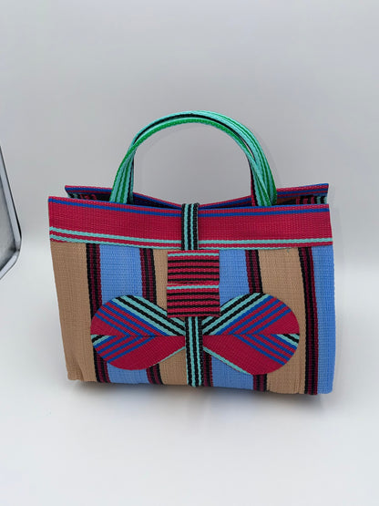 Candy Large handwoven tote bag by SCRUBIES in Pink,Teal,Beige,Blue with Stripes design and Bow accent pattern