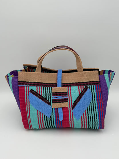 Candy Large handwoven tote bag by SCRUBIES in Teal,Beige,Pink,Blue,Purple with Stripes design and Leaf accent pattern