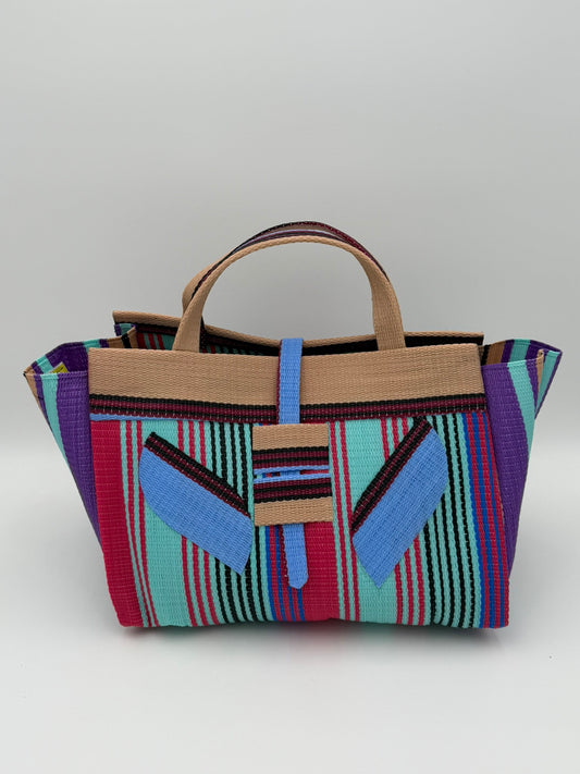 Candy Large handwoven tote bag by SCRUBIES in Teal,Beige,Pink,Blue,Purple with Stripes design and Leaf accent pattern
