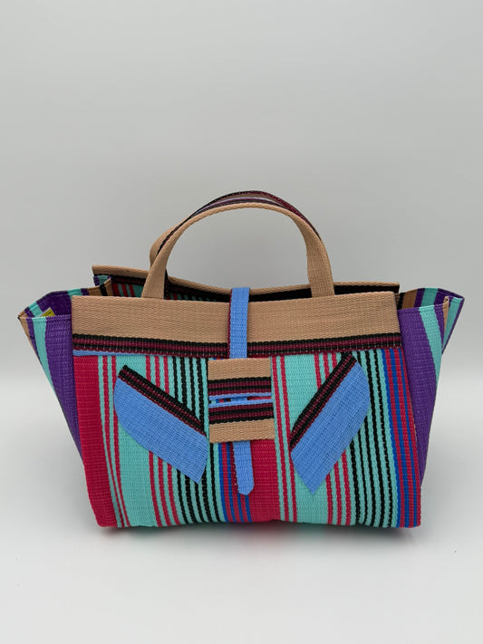 Candy Large handwoven tote bag by SCRUBIES in Teal,Beige,Pink,Blue,Purple with Stripes design and Leaf accent pattern