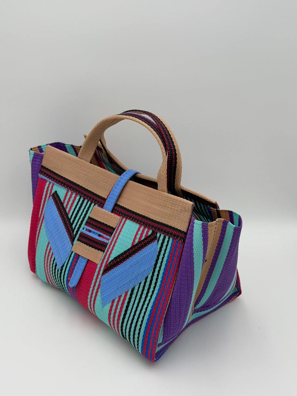 Candy Large handwoven tote bag by SCRUBIES in Teal,Beige,Pink,Blue,Purple with Stripes design and Leaf accent pattern