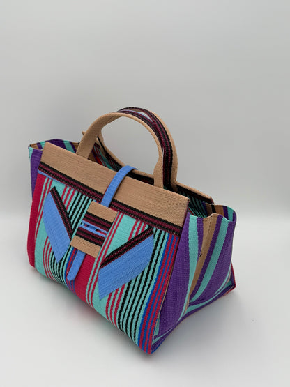 Candy Large handwoven tote bag by SCRUBIES in Teal,Beige,Pink,Blue,Purple with Stripes design and Leaf accent pattern