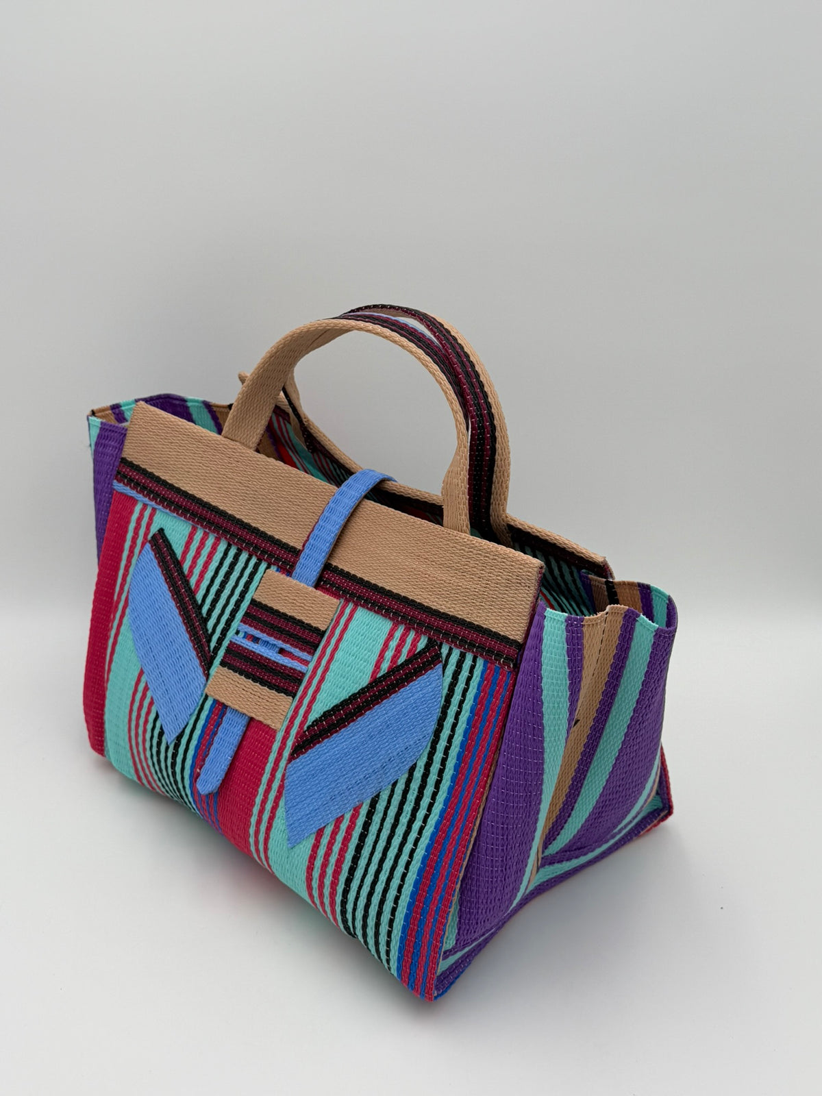 Candy Large handwoven tote bag by SCRUBIES in Teal,Beige,Pink,Blue,Purple with Stripes design and Leaf accent pattern