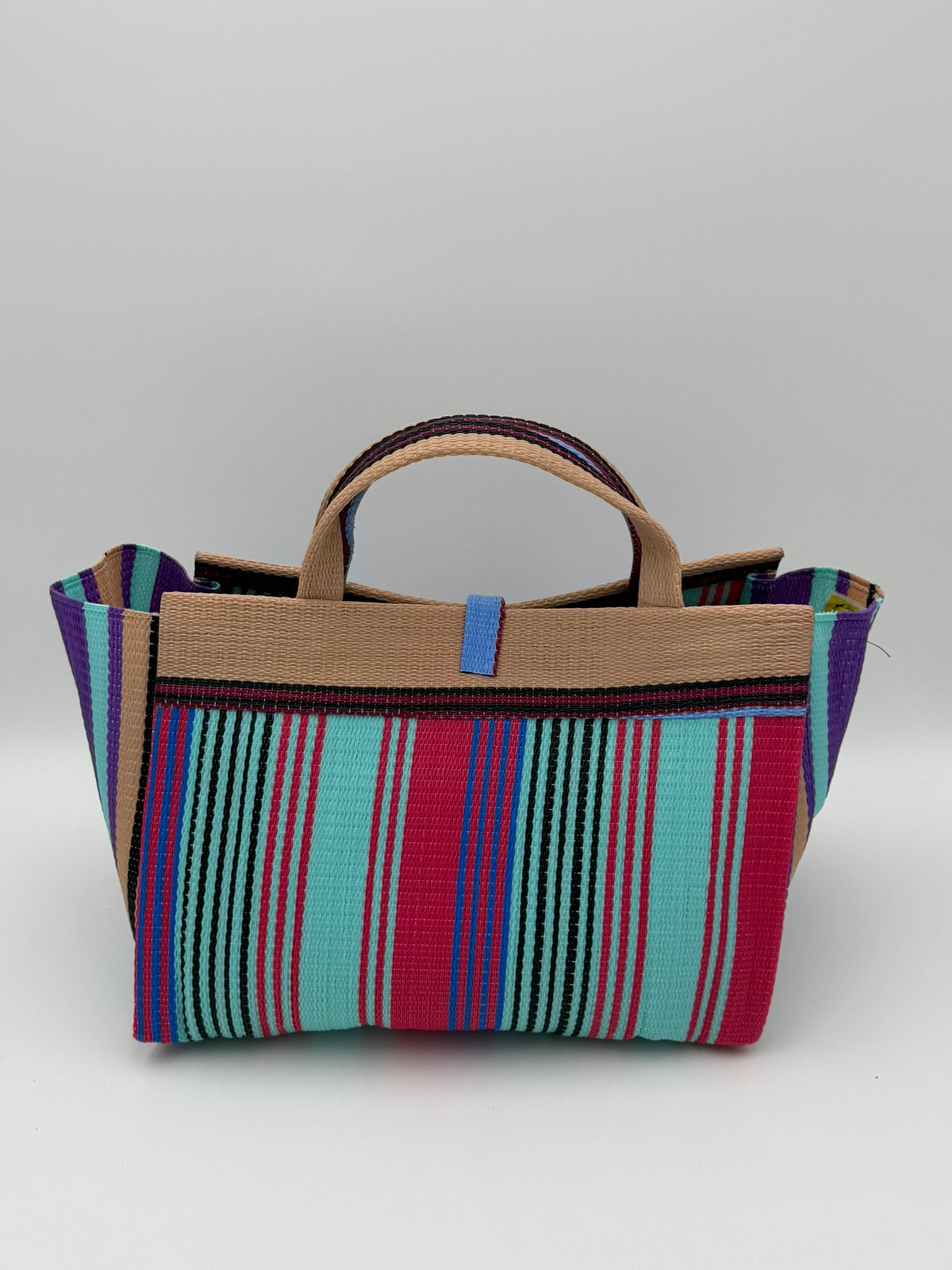 Candy Large handwoven tote bag by SCRUBIES in Teal,Beige,Pink,Blue,Purple with Stripes design and Leaf accent pattern