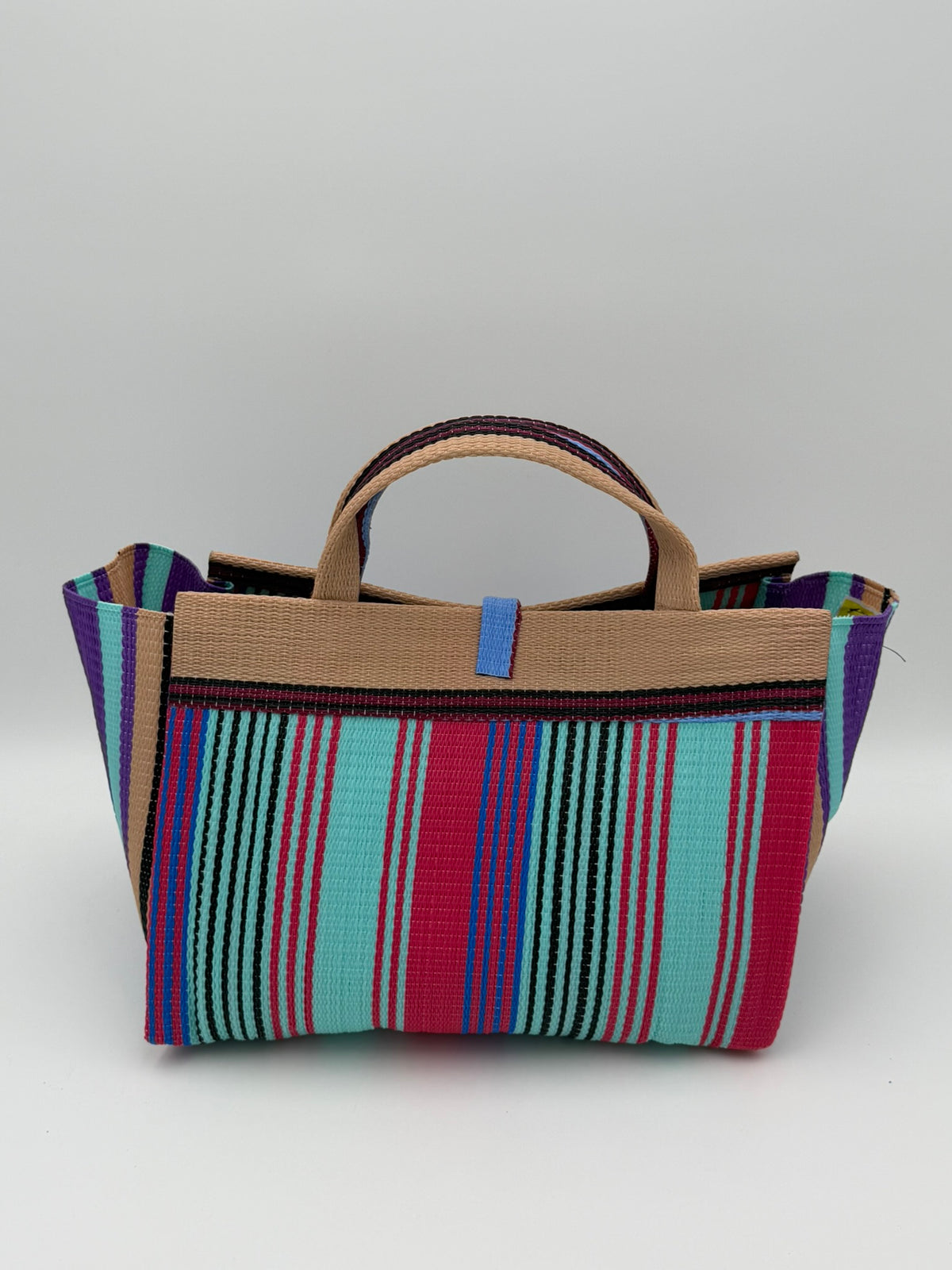 Candy Large handwoven tote bag by SCRUBIES in Teal,Beige,Pink,Blue,Purple with Stripes design and Leaf accent pattern