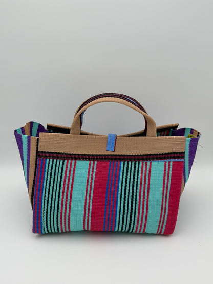 Candy Large handwoven tote bag by SCRUBIES in Teal,Beige,Pink,Blue,Purple with Stripes design and Leaf accent pattern