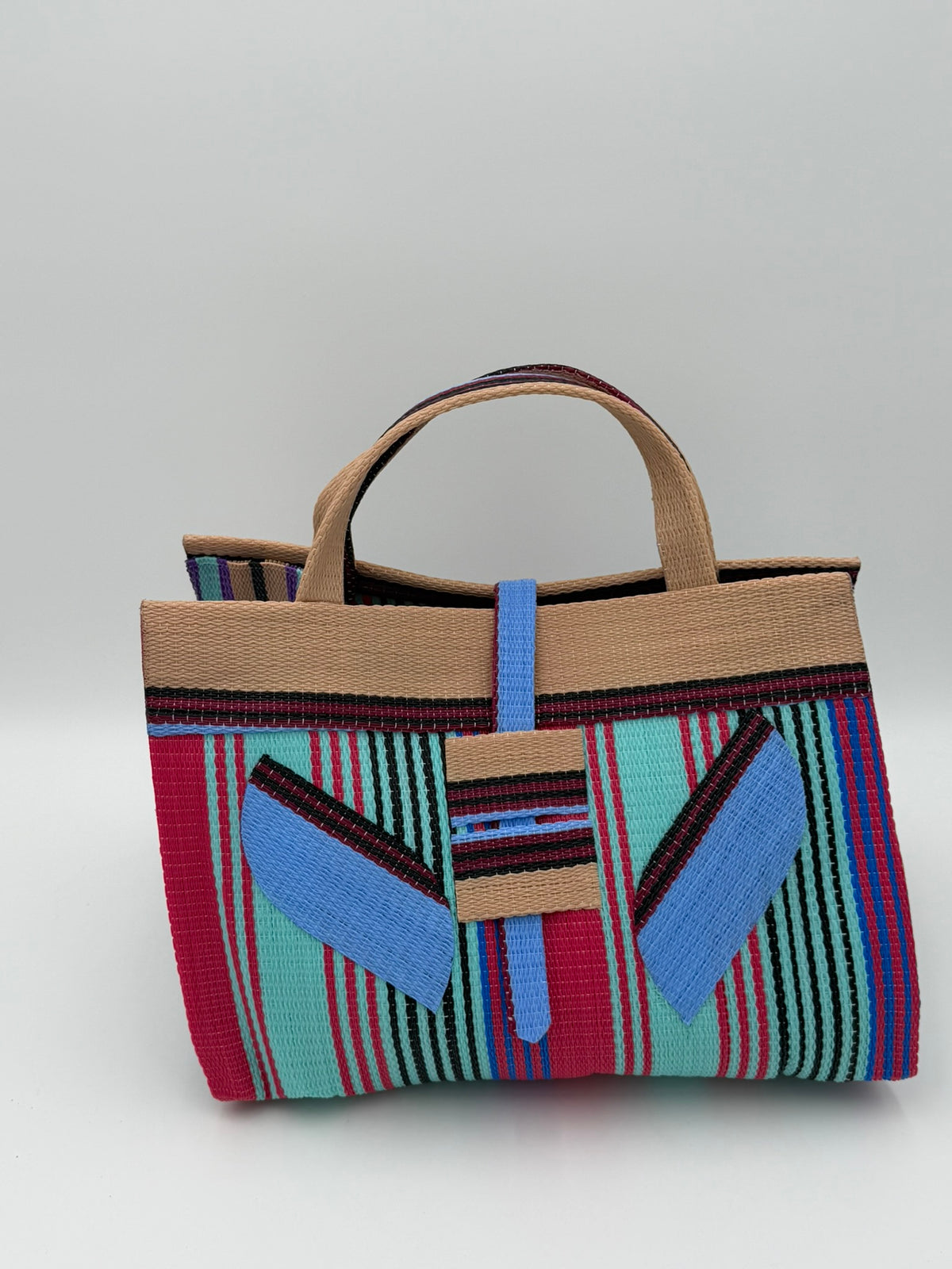 Candy Large handwoven tote bag by SCRUBIES in Teal,Beige,Pink,Blue,Purple with Stripes design and Leaf accent pattern