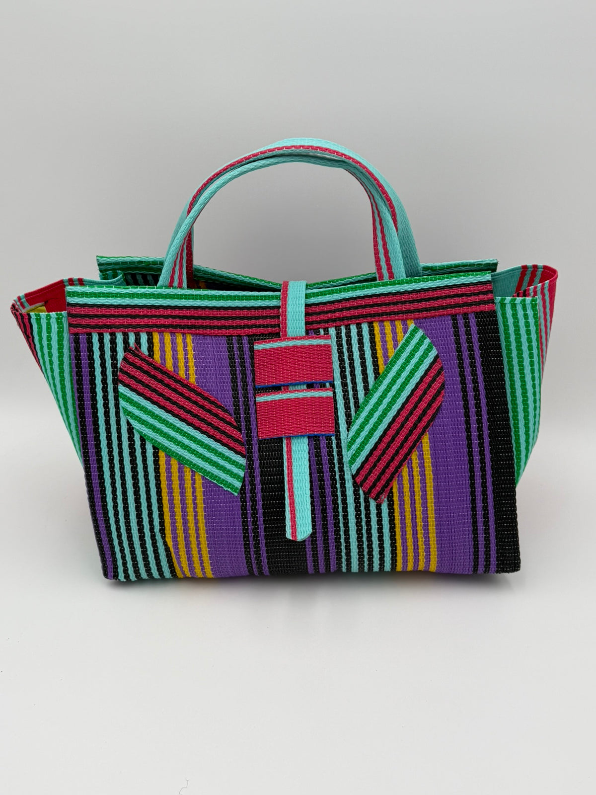 Candy Large handwoven tote bag by SCRUBIES in Purple,Teal,Pink,Black with Stripes design and Leaf accent pattern