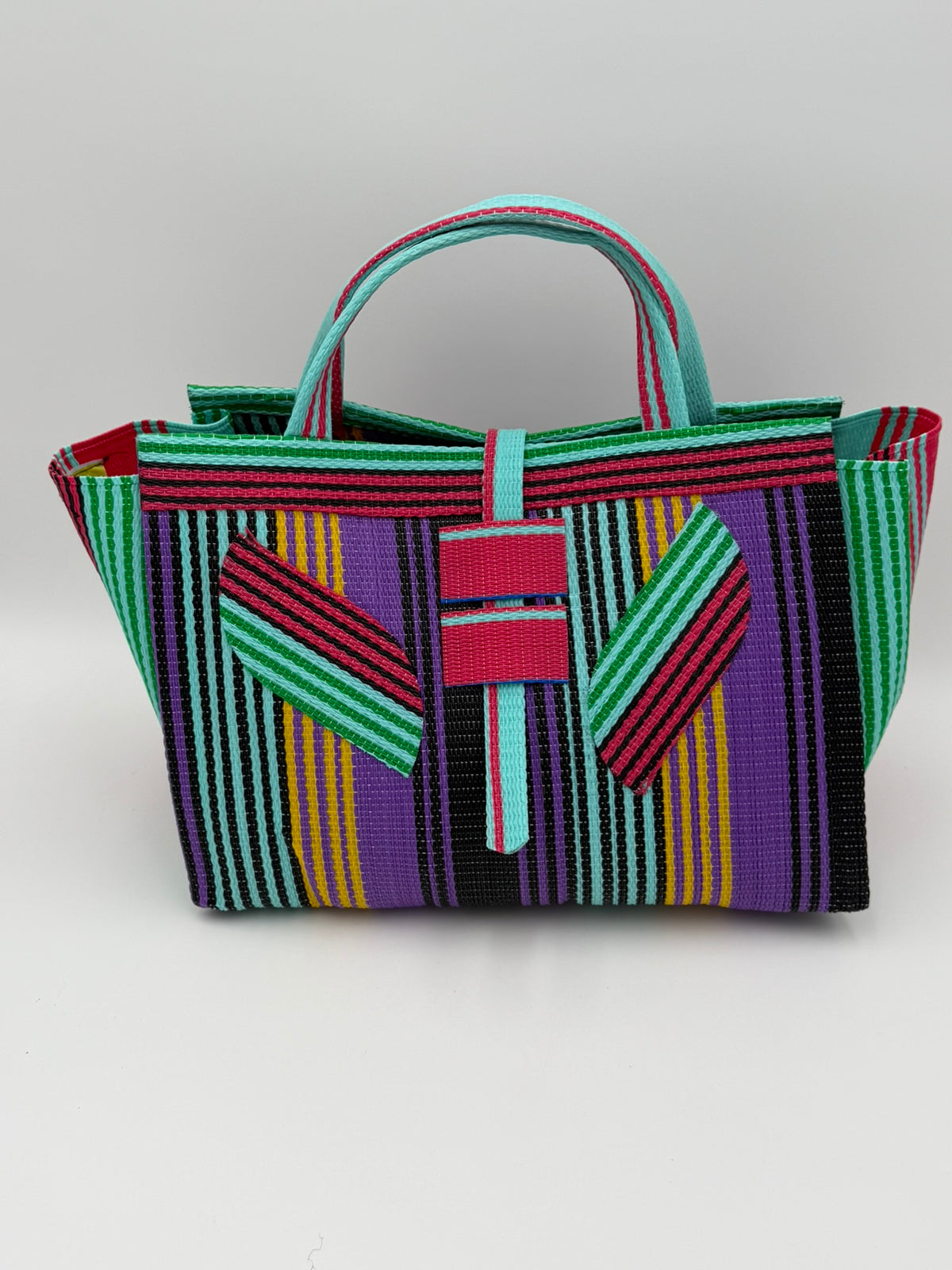 Candy Large handwoven tote bag by SCRUBIES in Purple,Teal,Pink,Black with Stripes design and Leaf accent pattern