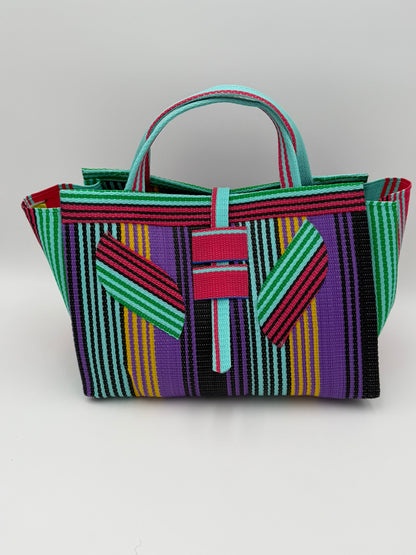 Candy Large handwoven tote bag by SCRUBIES in Purple,Teal,Pink,Black with Stripes design and Leaf accent pattern