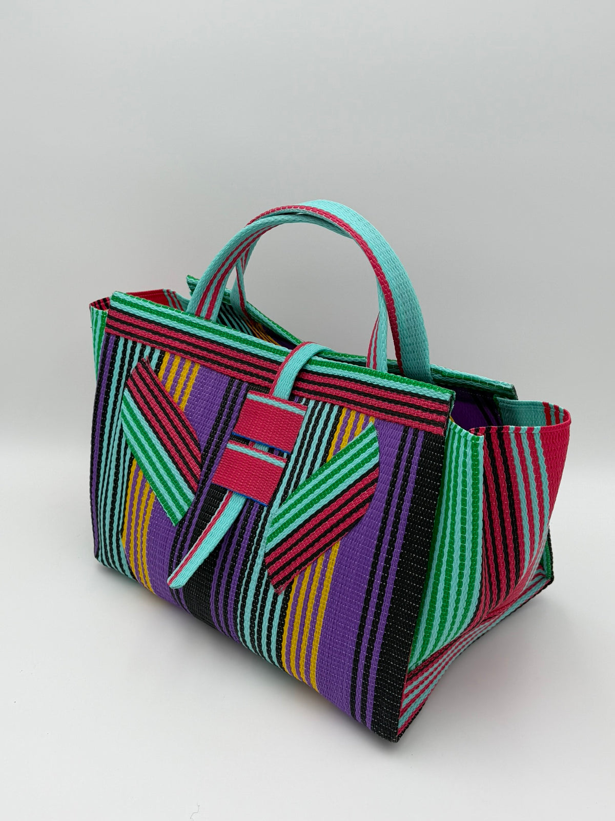 Candy Large handwoven tote bag by SCRUBIES in Purple,Teal,Pink,Black with Stripes design and Leaf accent pattern