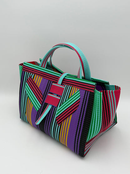 Candy Large handwoven tote bag by SCRUBIES in Purple,Teal,Pink,Black with Stripes design and Leaf accent pattern
