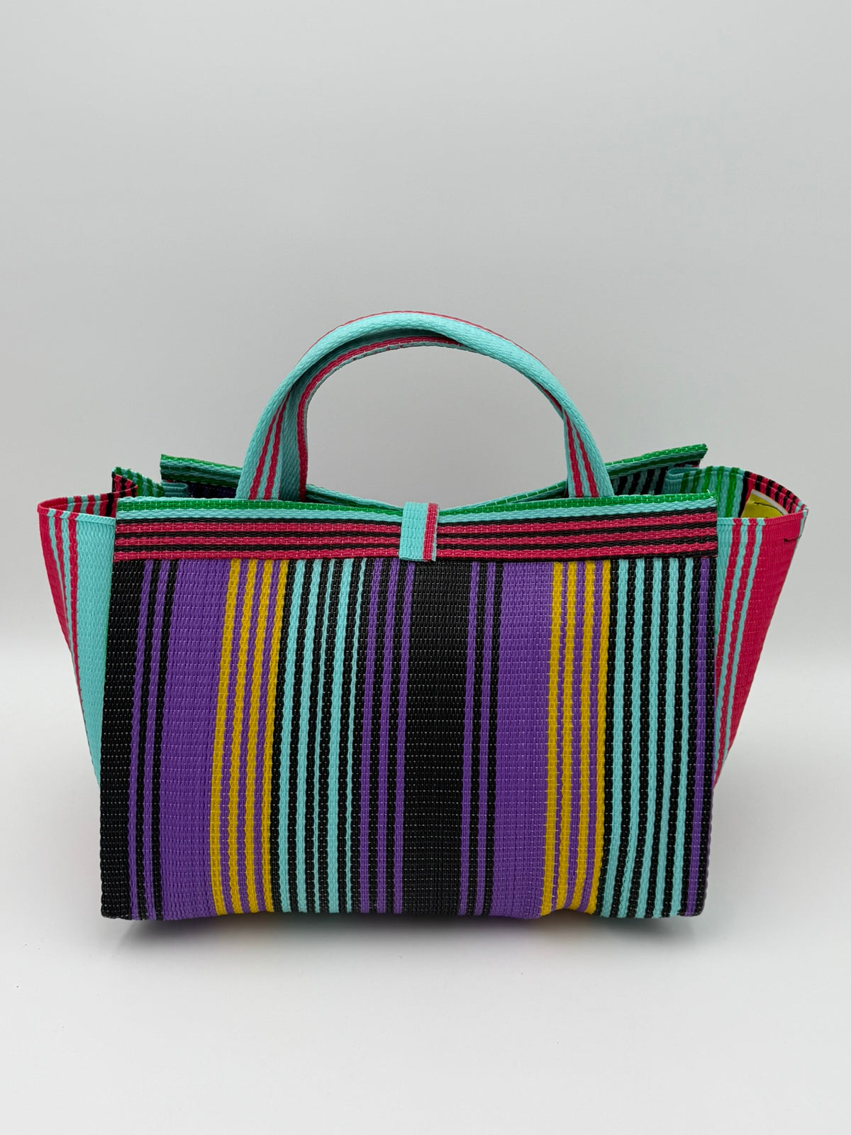 Candy Large handwoven tote bag by SCRUBIES in Purple,Teal,Pink,Black with Stripes design and Leaf accent pattern