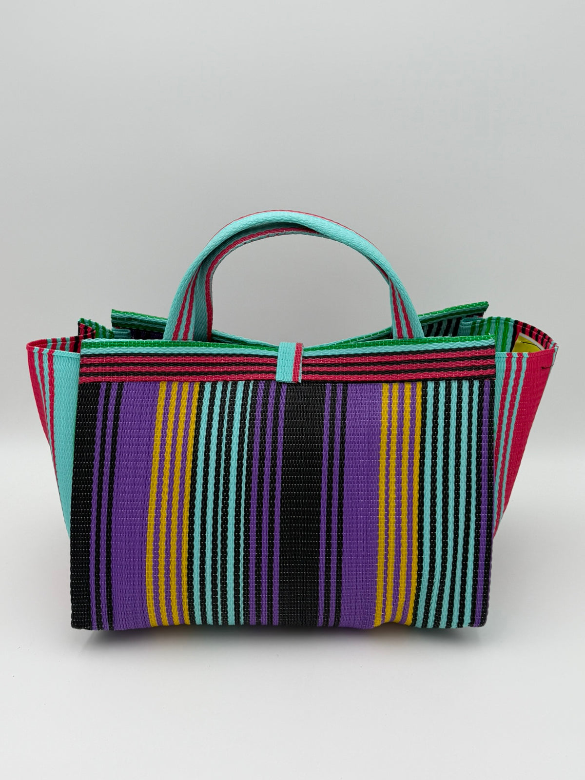 Candy Large handwoven tote bag by SCRUBIES in Purple,Teal,Pink,Black with Stripes design and Leaf accent pattern