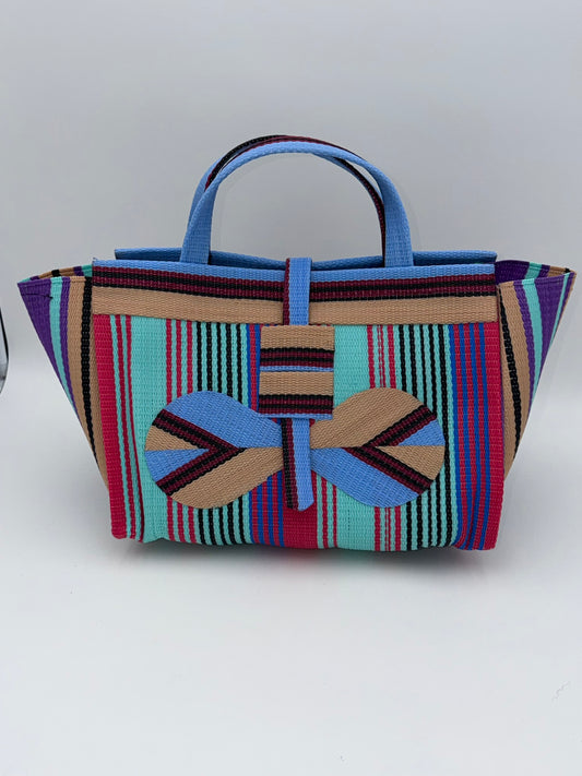 Candy Large handwoven tote bag by SCRUBIES in Teal,Pink,Beige,Blue, with Stripes design and Bow accent pattern