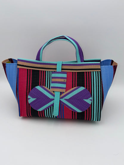 Candy Large handwoven tote bag by SCRUBIES in Pink,Black,Purple,Teal,Beige with Stripes design and Bow accent pattern