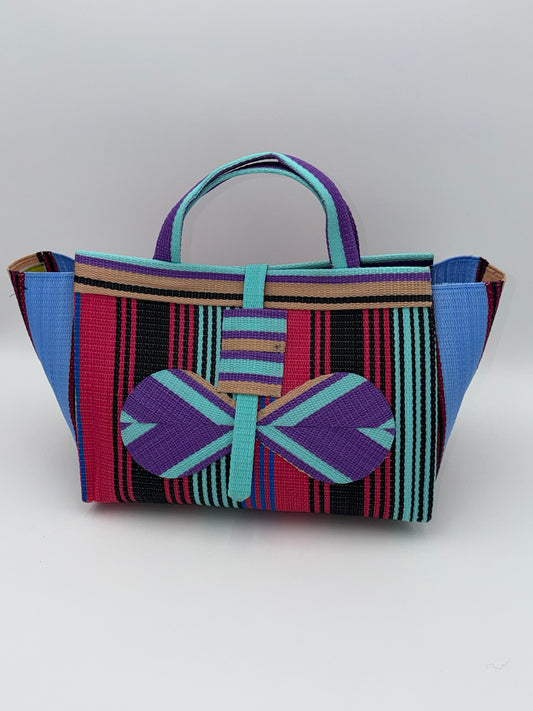 Candy Large handwoven tote bag by SCRUBIES in Pink,Black,Purple,Teal,Beige with Stripes design and Bow accent pattern
