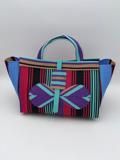 Candy Large handwoven tote bag by SCRUBIES in Pink,Black,Purple,Teal,Beige with Stripes design and Bow accent pattern