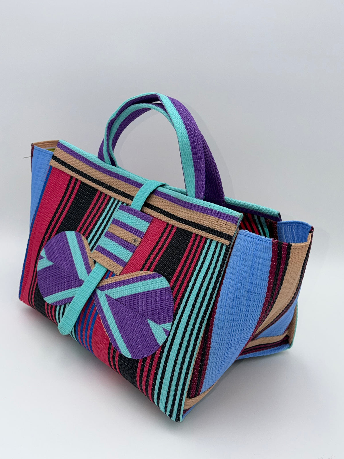 Candy Large handwoven tote bag by SCRUBIES in Pink,Black,Purple,Teal,Beige with Stripes design and Bow accent pattern