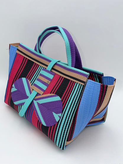 Candy Large handwoven tote bag by SCRUBIES in Pink,Black,Purple,Teal,Beige with Stripes design and Bow accent pattern
