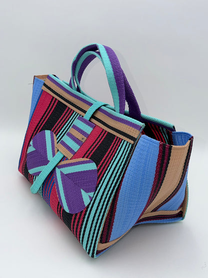 Candy Large handwoven tote bag by SCRUBIES in Pink,Black,Purple,Teal,Beige with Stripes design and Bow accent pattern