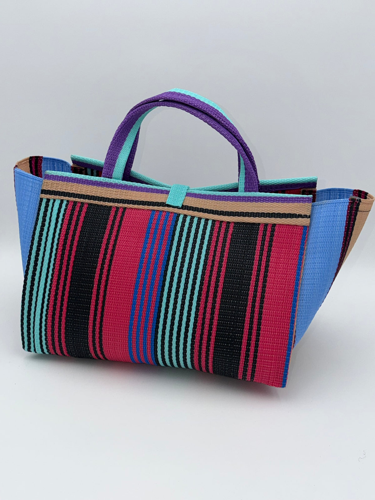 Candy Large handwoven tote bag by SCRUBIES in Pink,Black,Purple,Teal,Beige with Stripes design and Bow accent pattern
