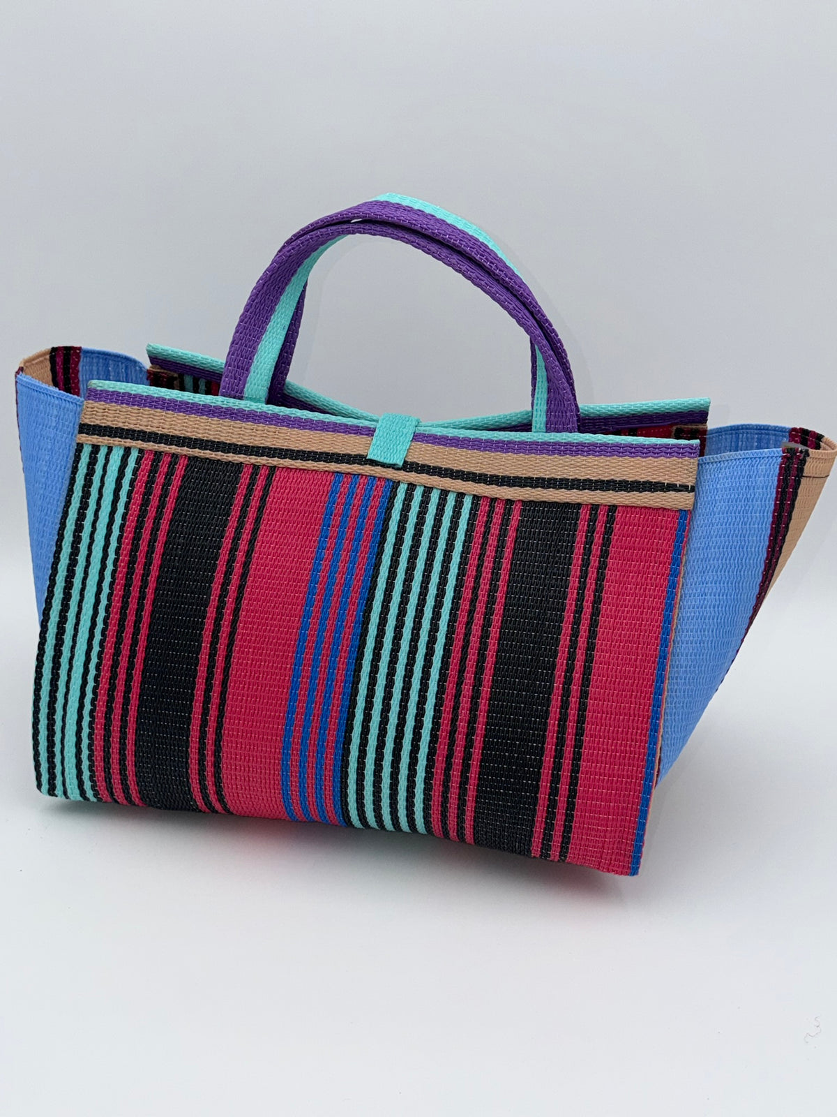 Candy Large handwoven tote bag by SCRUBIES in Pink,Black,Purple,Teal,Beige with Stripes design and Bow accent pattern