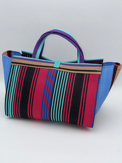 Candy Large handwoven tote bag by SCRUBIES in Pink,Black,Purple,Teal,Beige with Stripes design and Bow accent pattern