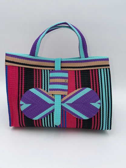 Candy Large handwoven tote bag by SCRUBIES in Pink,Black,Purple,Teal,Beige with Stripes design and Bow accent pattern