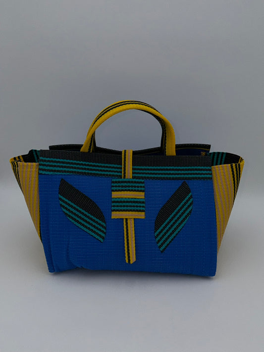 Lagoon Large handwoven tote bag by SCRUBIES in Blue,Yellow,Green,Black with Solid design and Leaf accent pattern