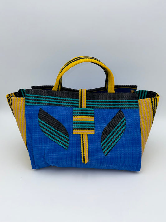 Lagoon Large handwoven tote bag by SCRUBIES in Blue,Yellow,Green,Black with Solid design and Leaf accent pattern